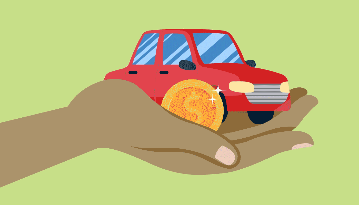 A gif illustration of a car being held in the palm of a person's hand while money "rains" down in the background.
