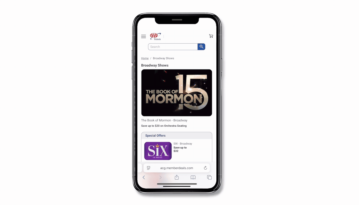 Broadway shows available on AAA shown on a phone