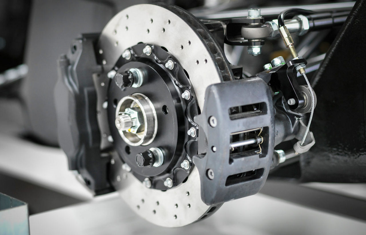 A close-up view of a new vehicle brake disc.