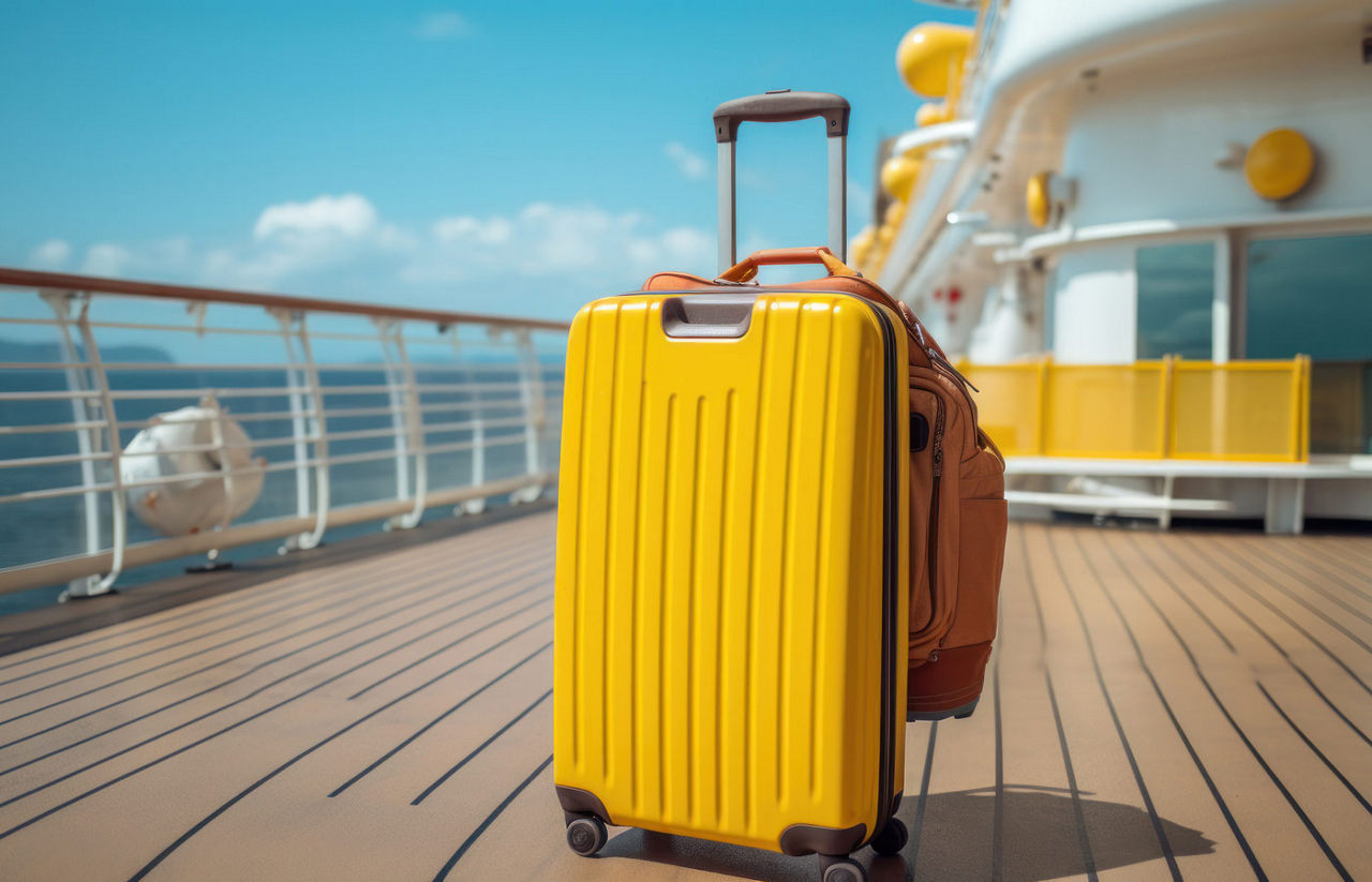 Yellow plastic travel suitcase on the deck of luxury cruise ship in the ocean