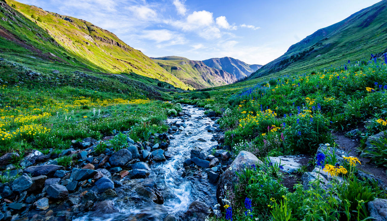 Mountainous range with a flowing creek