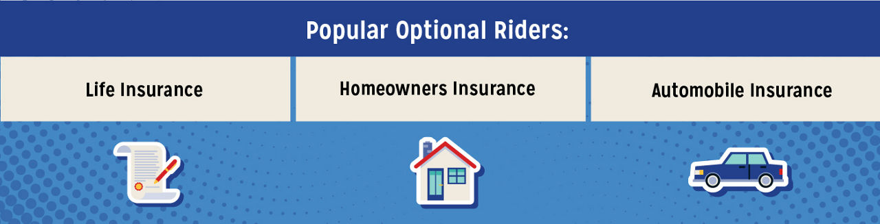 Infographic showing popular optional riders which are life insurance, homeowners insurance and automobile insurance