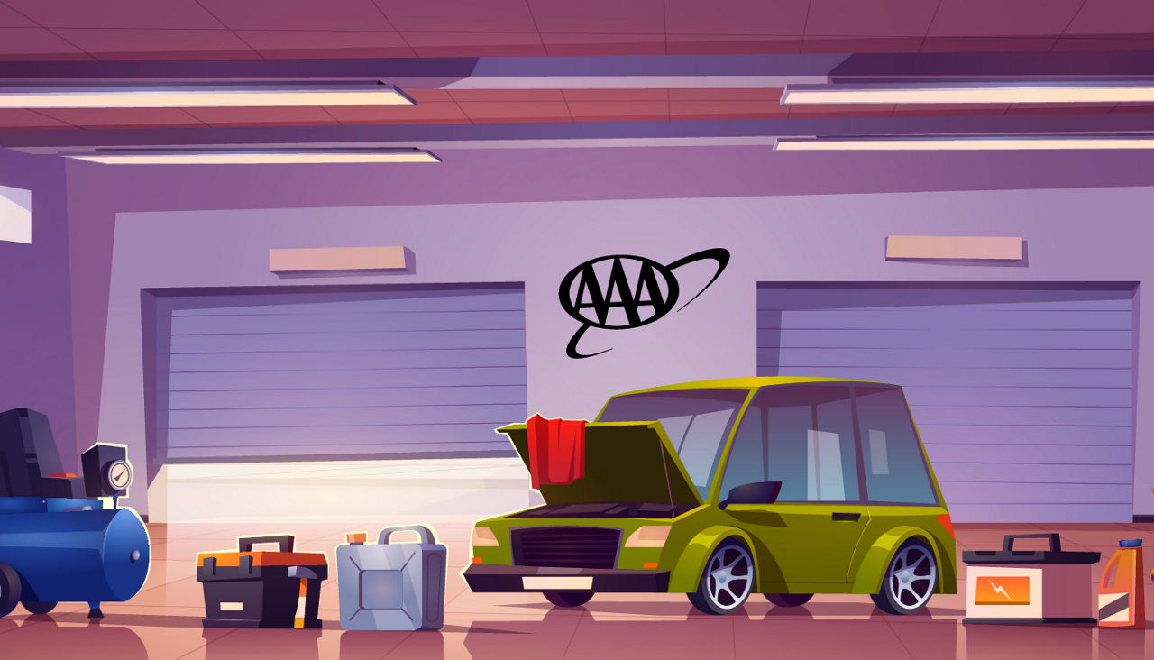 An illustration of a car in a AAA Car Care garage with its hood up getting serviced.