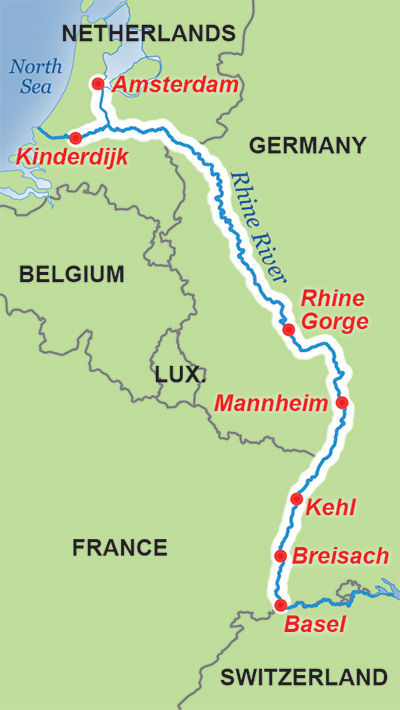 Map of stops along the Rhine River