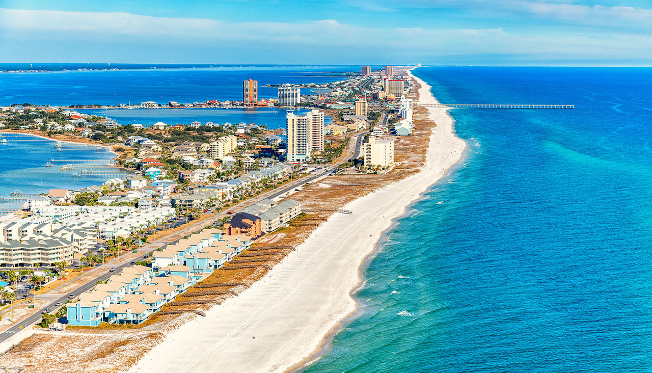 The pier along the beach at Pensacola Beach, Florida shot from an altitude of about 500 feet during a helicopter photo flight.