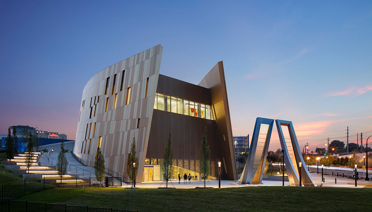 Exterior view of the National Center for Civil and Human Rights at dusk