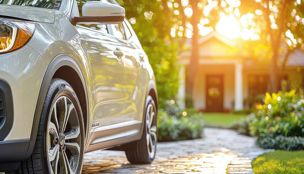 Silver Car Parked on a Cobblestone Driveway