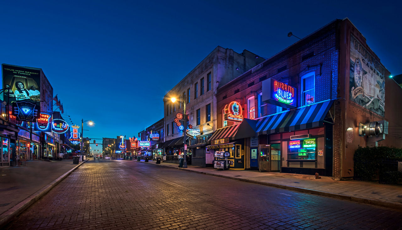 Beale Street at twilight in Tennessee