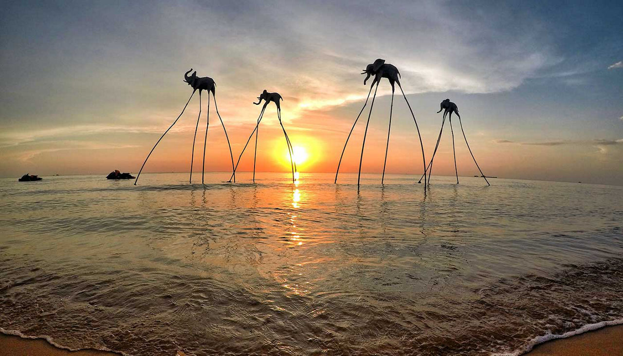 Elephant statues in the ocean at sunset