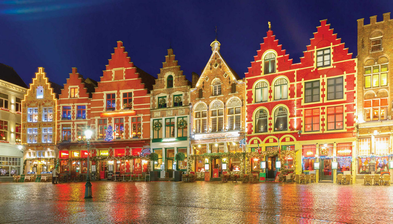 Decorated and illuminated Market square in Bruges, Belgium