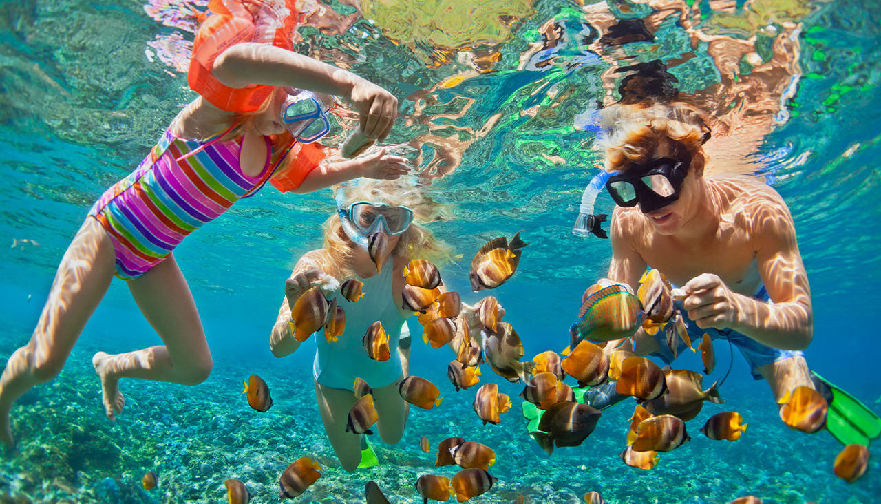 A man and two girls snorkel with a small school of fish.