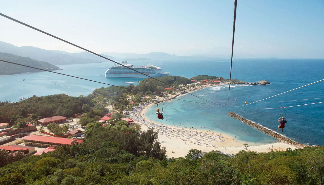 People doing zip line in caribbean coast