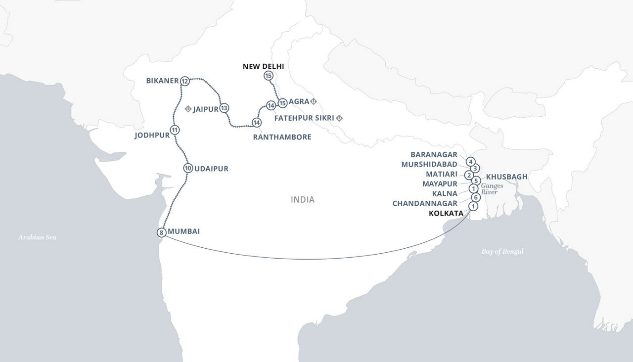 The Sacred Ganges & the Maharajas’ Express  16 Days map 