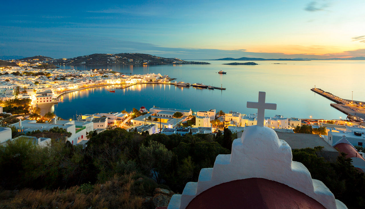 Mykonos town at dusk.