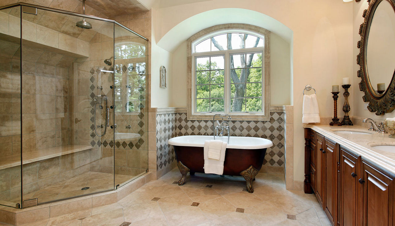 Master bath with large glass shower