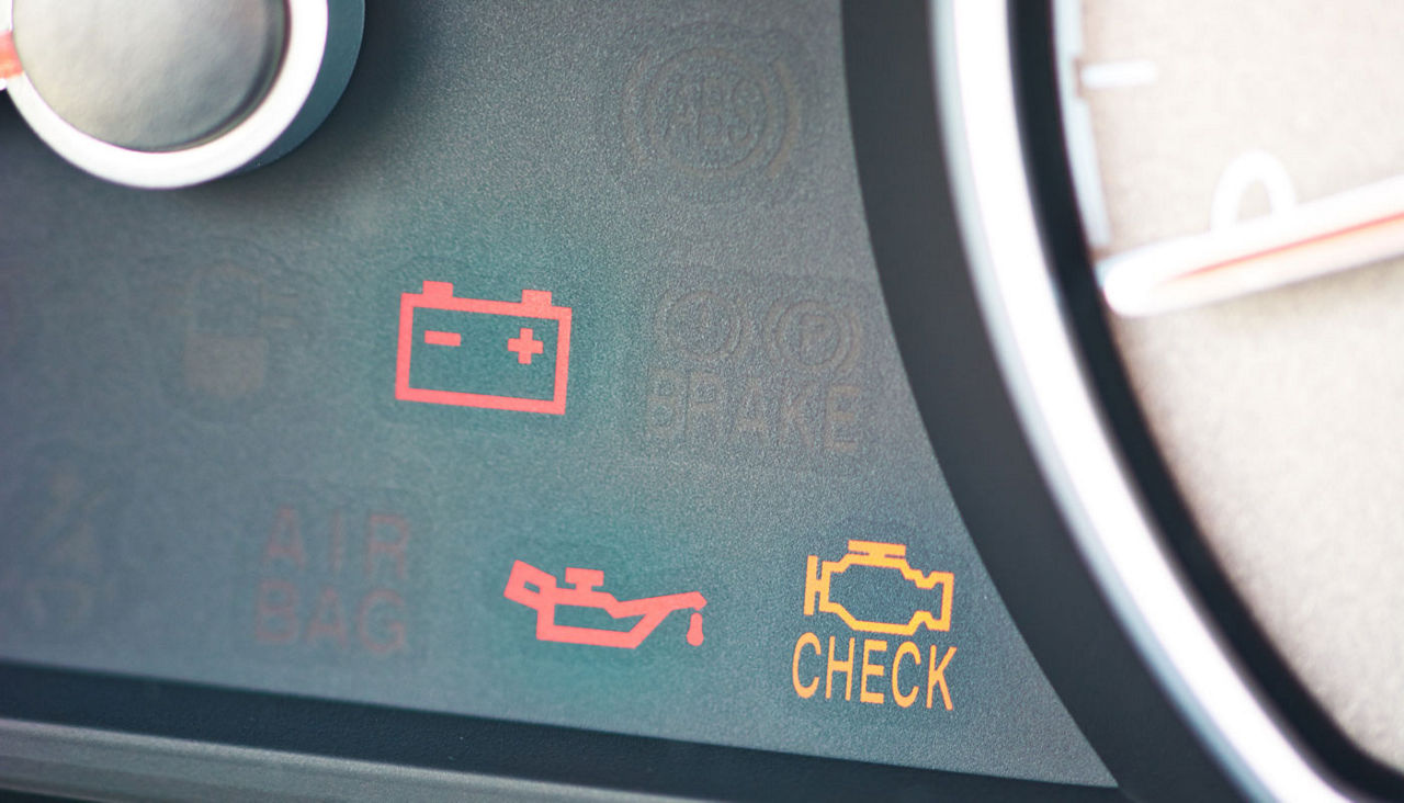 Malfunction or check engine car symbols, dashboard icon