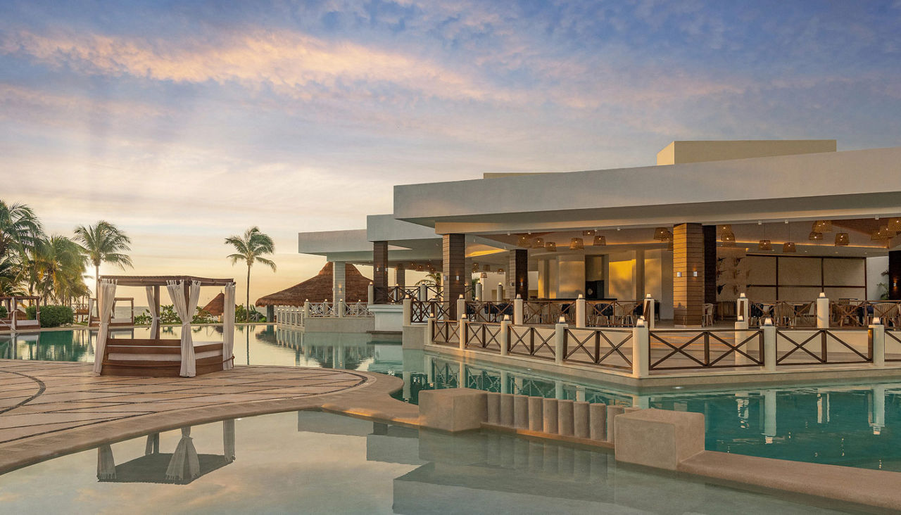 Tranquil pool at a beautiful hotel.