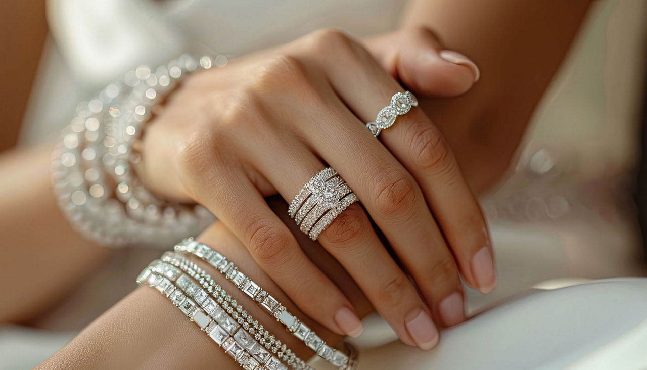 Beautiful model hand wearing white gold diamond ring and bracelets