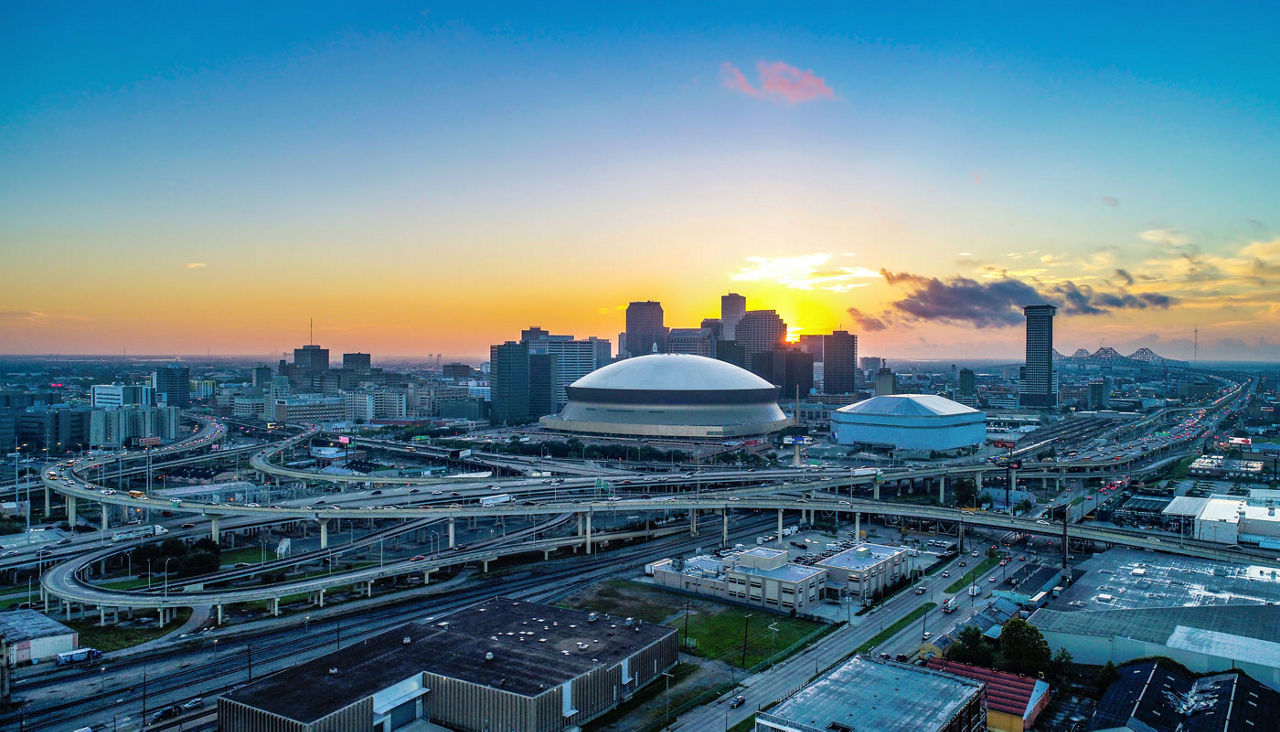 Aerial View of New Orleans, Louisiana, USA Skyline at Sunrise