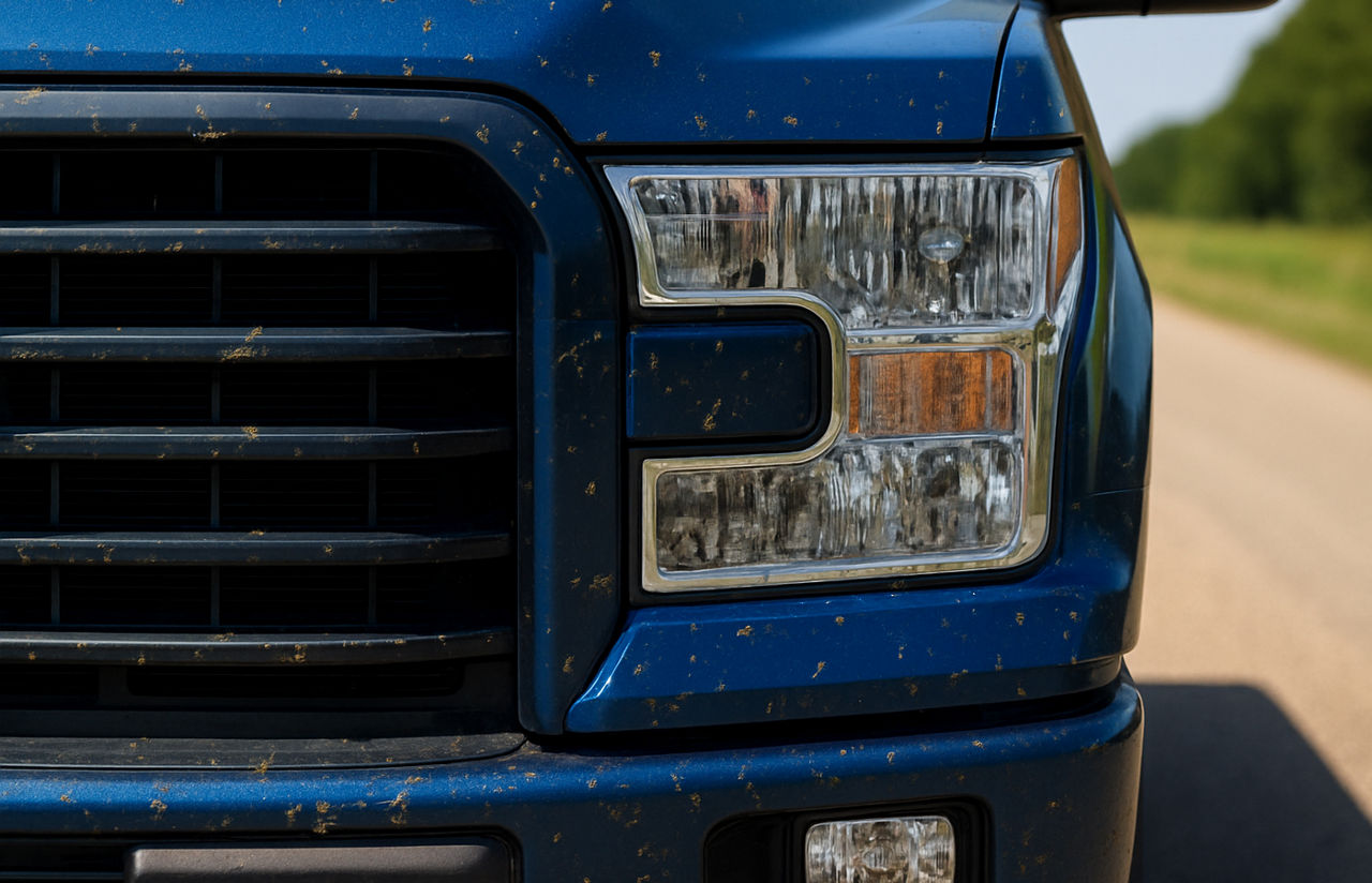 Close-up of blue truck front grille with bug splatter