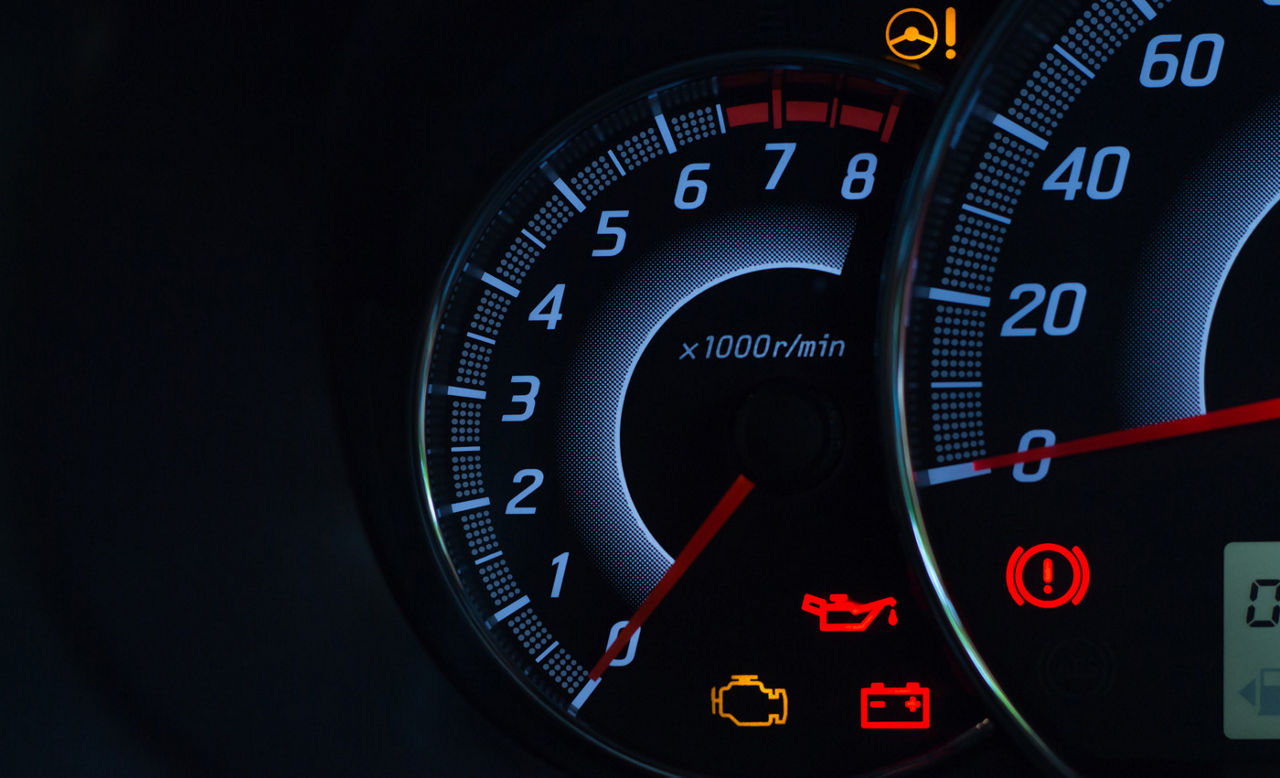 Screen display of car status warning light on dashboard panel symbols which show the fault indicators