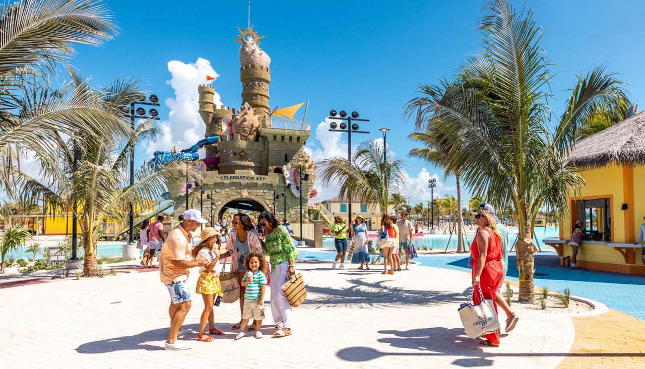 Family enjoying tropical water park adventure on Celebration Key