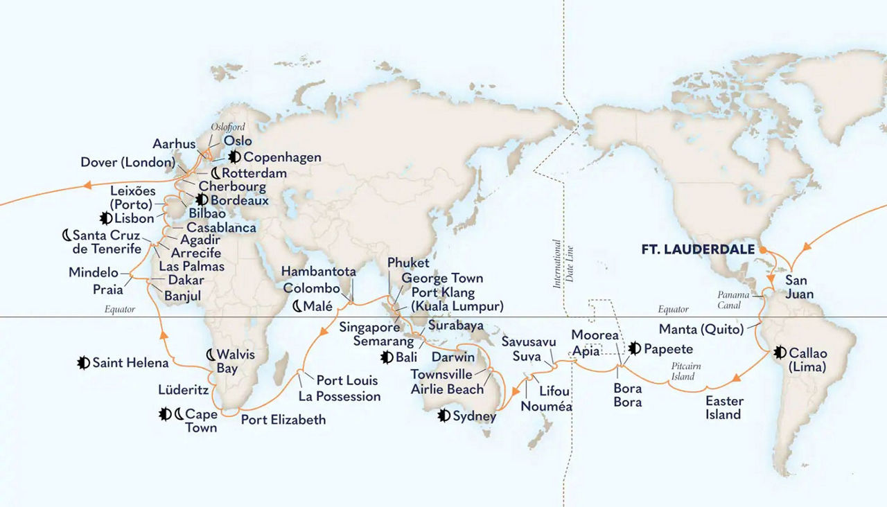 Itinerary map for Holland America 2027 World Cruise voyage