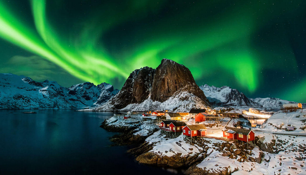 Aurora borealis over Hamnoy in Norway