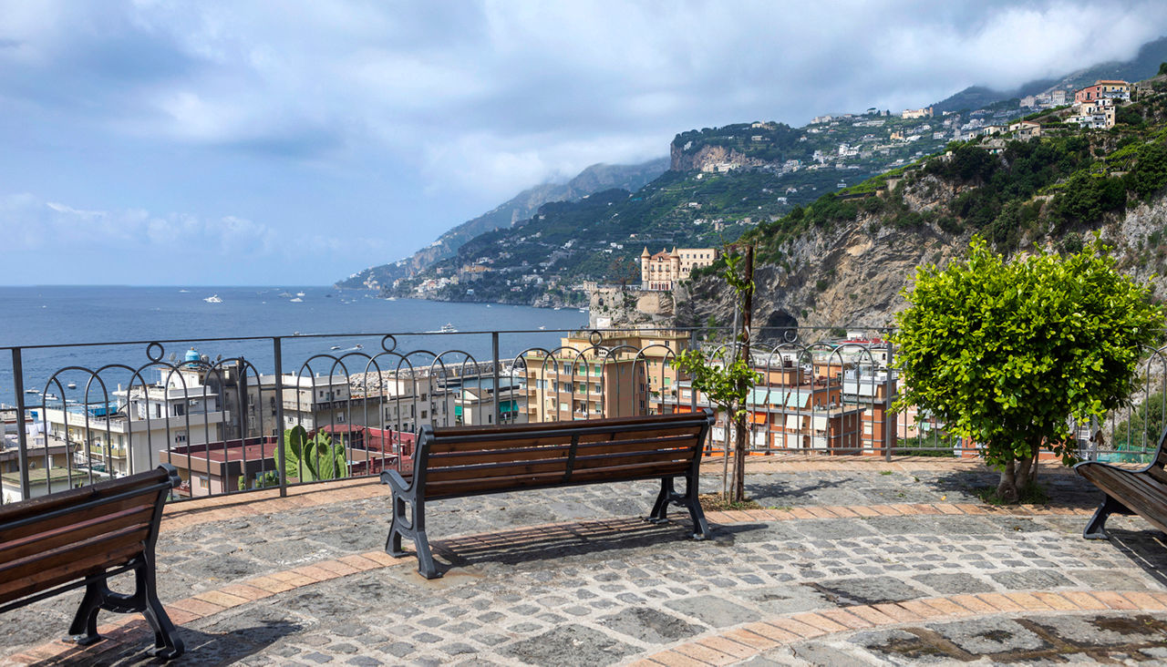 coastal scene along the Amalfi coast at the village of Maiori; Maiori, Italy