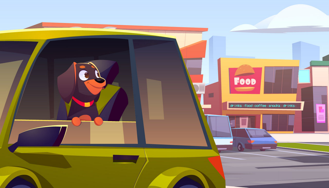 Illustration of a car with a cute dog hanging out of the window in a parking lot.