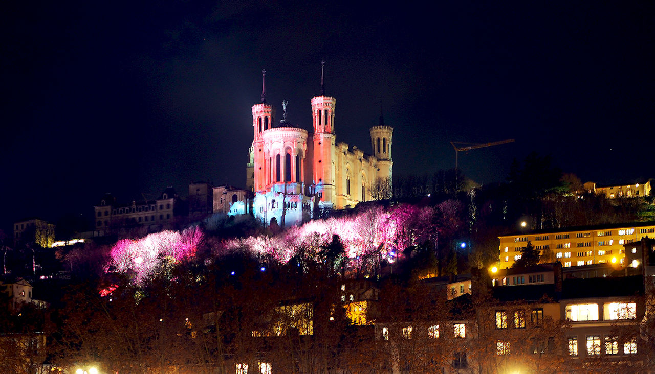 On December 6, 2019, during the Festival of Lights in Lyon, the Basilica of Fourvière and the hill of Fourvière.