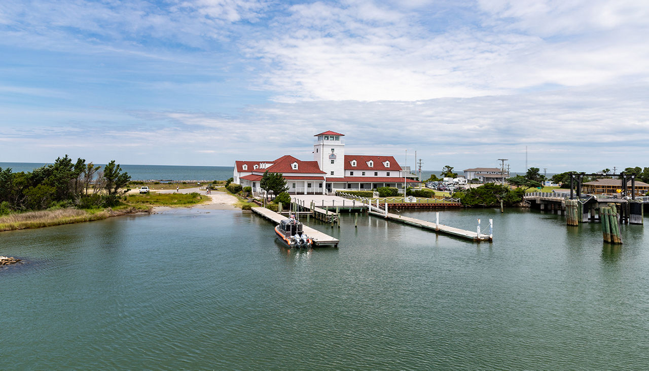 The ferry dock and entrance to the harbor on Ocracoke island, North Carolina.