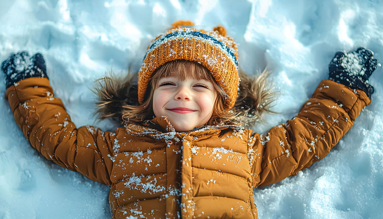 Happy boy in layered winter clothes playing in the snow, lying on the ground.