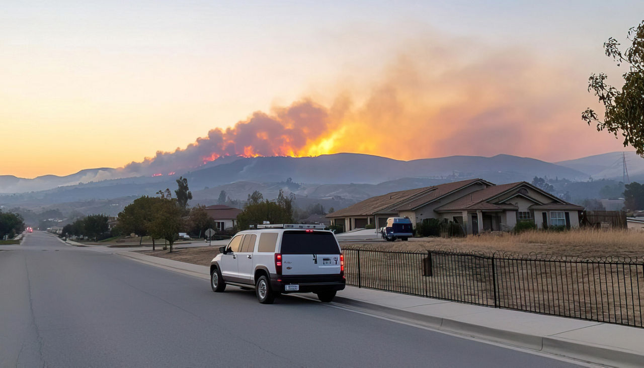 A car parked on a street with smoke from a wildfire in the background.