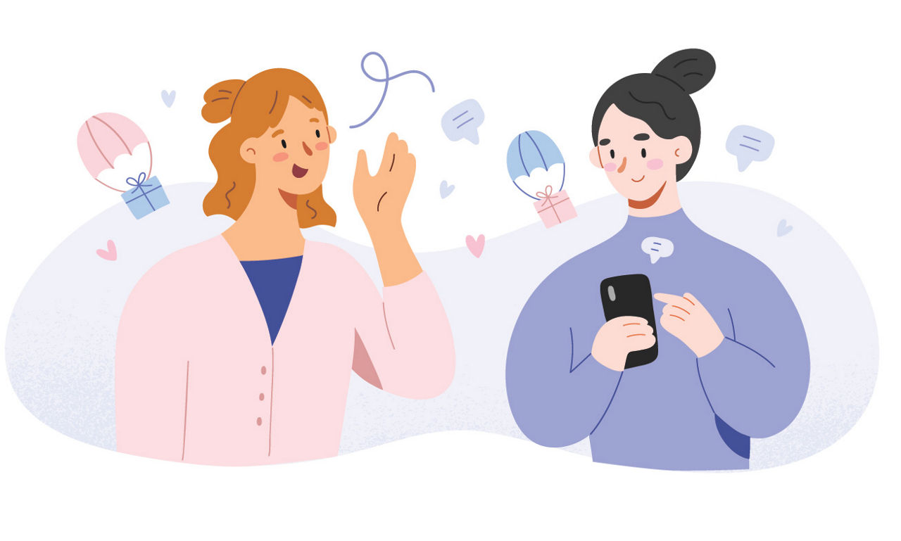 Refer friend concept, women sharing loyalty refferal program links to get a reward or gift