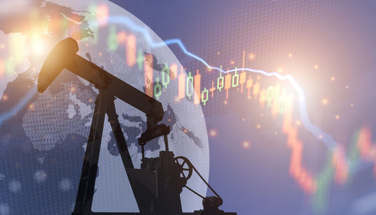 Crisis crude oil market, drilling rig and world background
