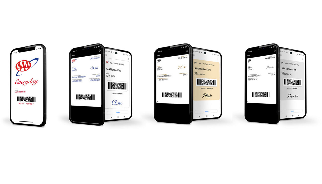 Image of a smart phone with AAA Everyday and other digital membership cards visible