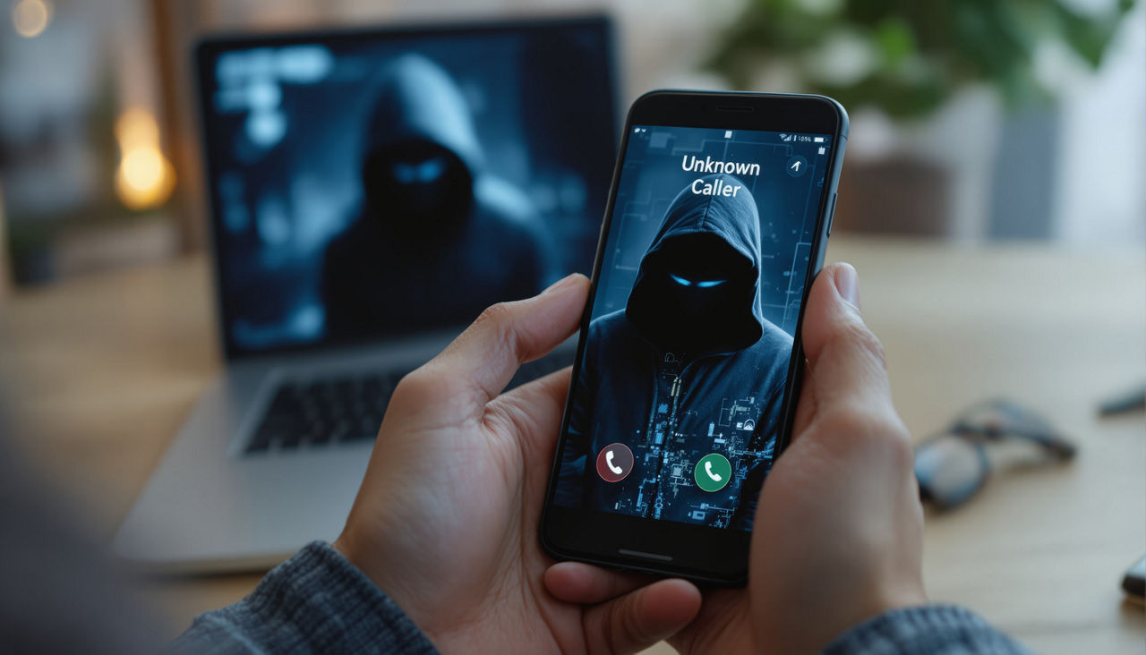 Hands holding a smartphone displaying a threatening unknown caller with a hooded figure on the screen