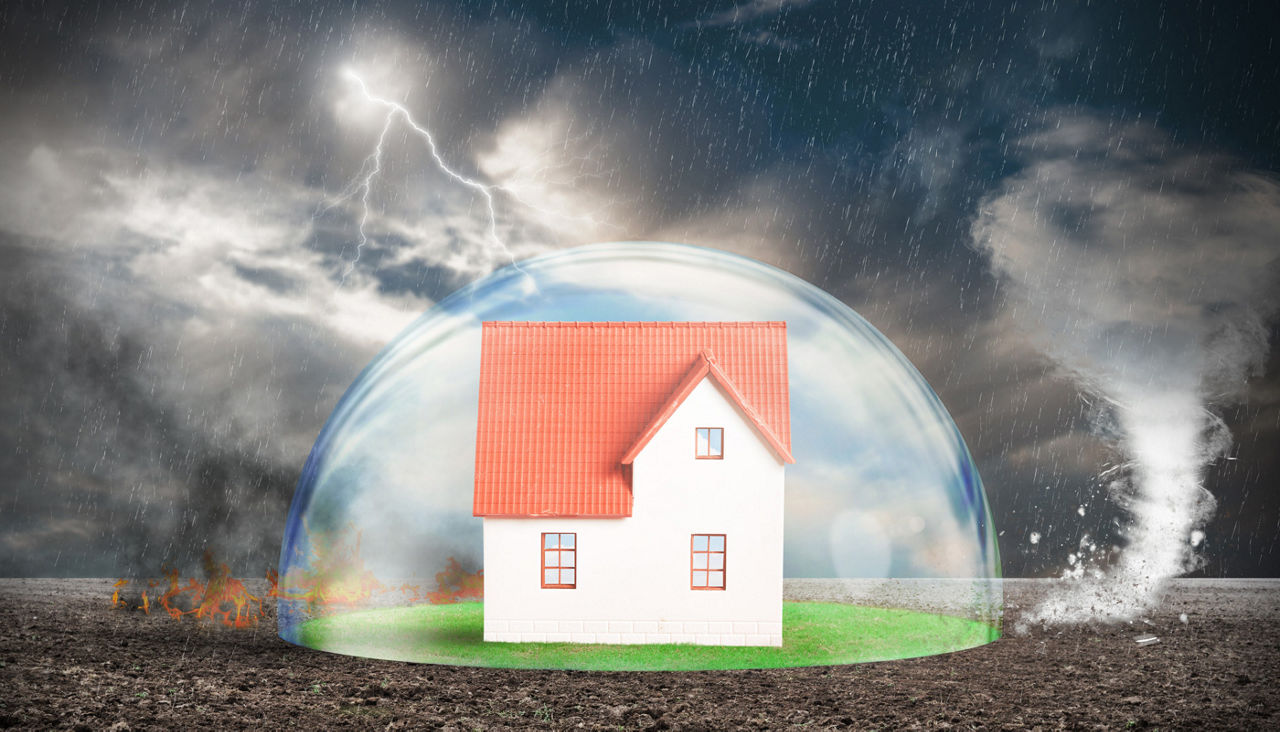Illustration of home in a protective bubble shielding it from lightning, fire and tornadoes