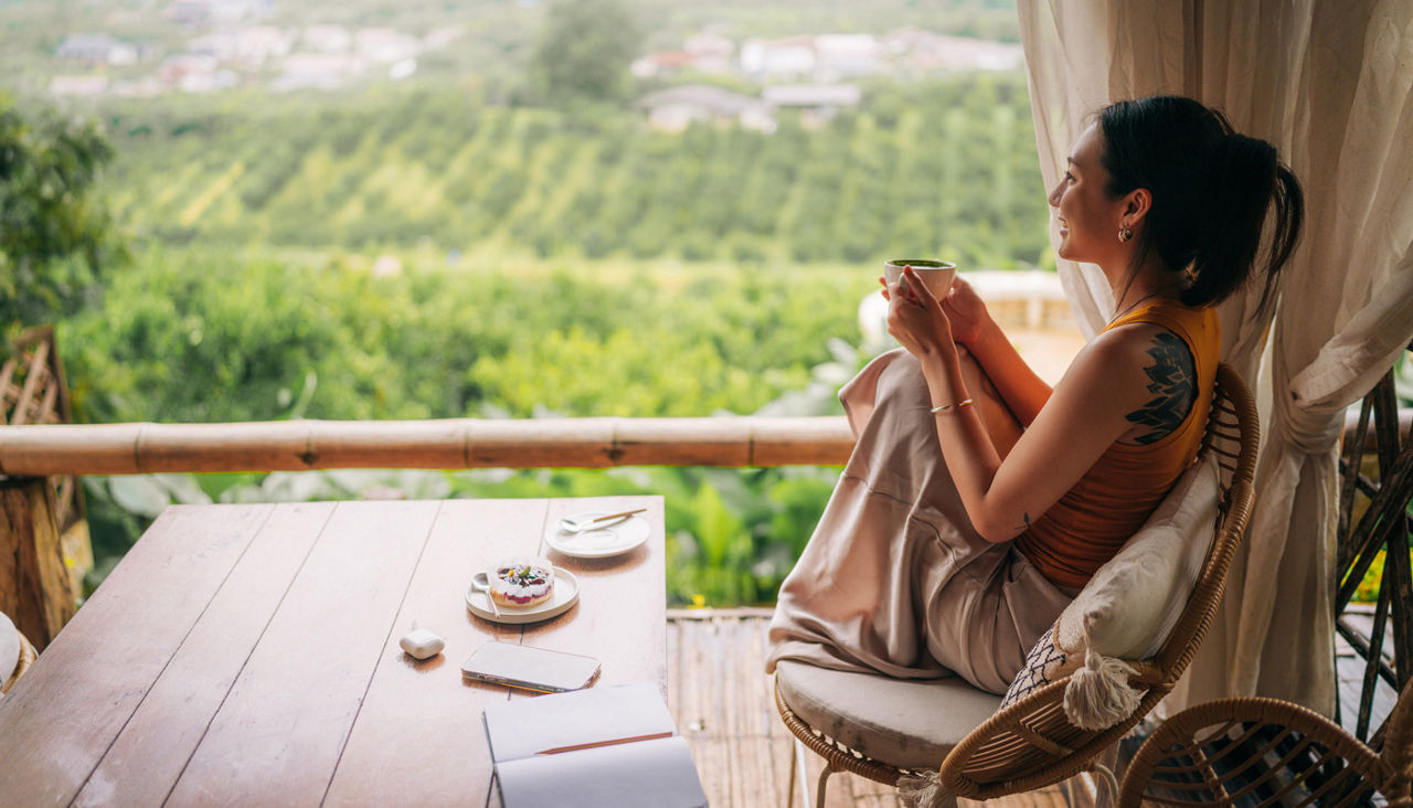 Mindful Morning Routine with Coffee, Journal, and Scenic Mountain View