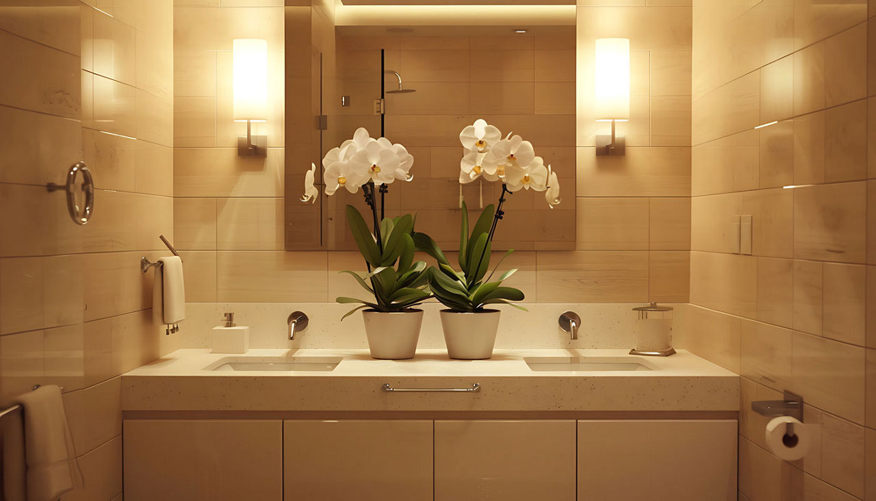 A luxury bathroom featuring a double sink vanity with white orchids in two flower plots