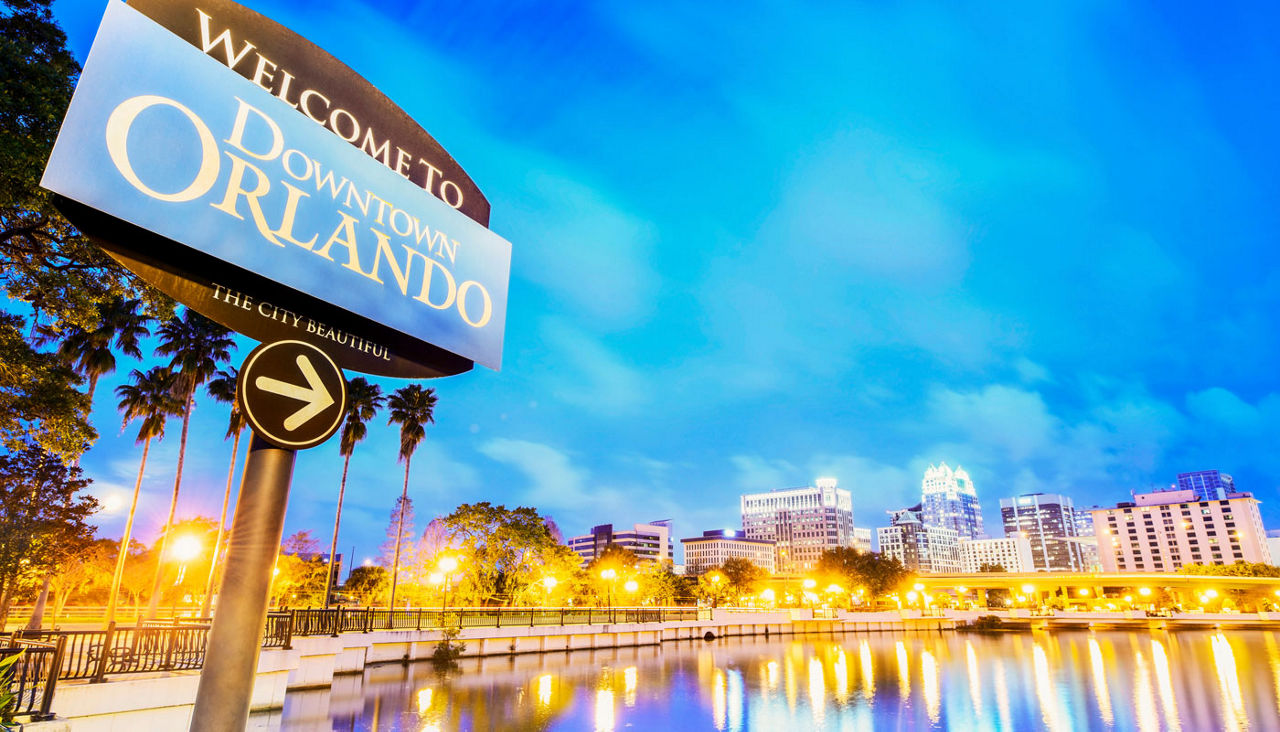 Downtown Orlando. City skyline. Located in Lake Eola Park, Orlando, Florida, USA.