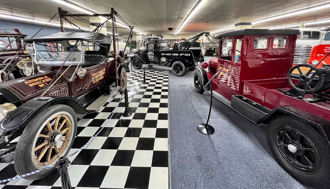 A long view of the vintage cars in the International Towing and Recovery Museum