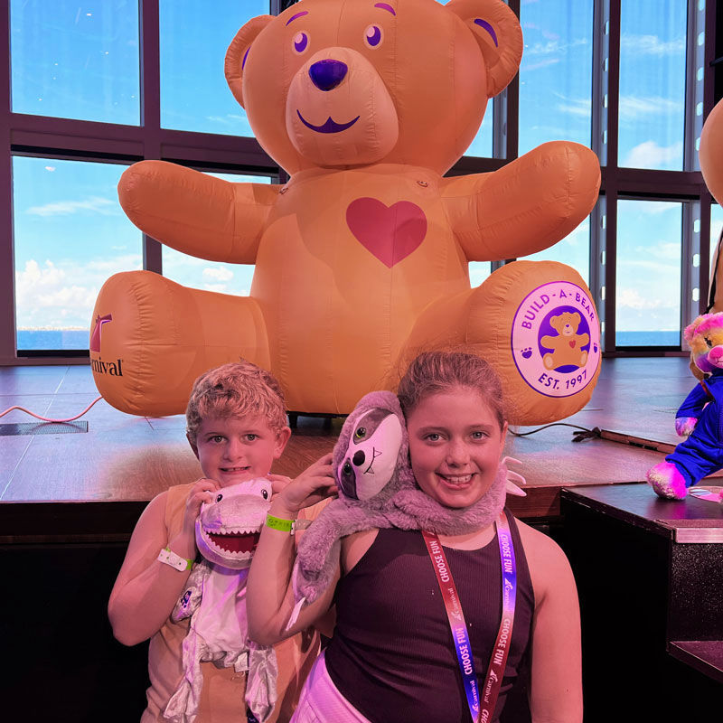 Blackwelder children enjoying Build-A-Bear workshop onboard Carnival Jubilee