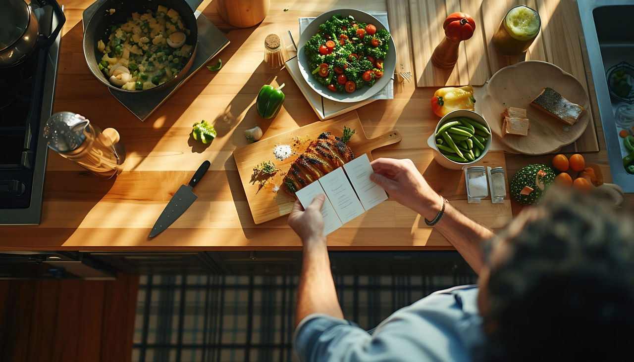 Overhead Of Man In Kitchen Holding Recipe Cards For Online Meal Food Recipe Kit Delivered To Home