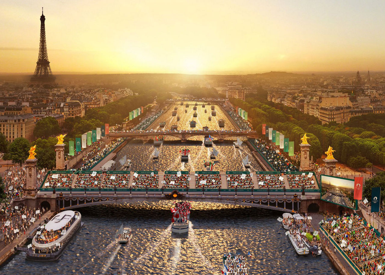 A view of the Seine River in Paris with Eiffel Tower 