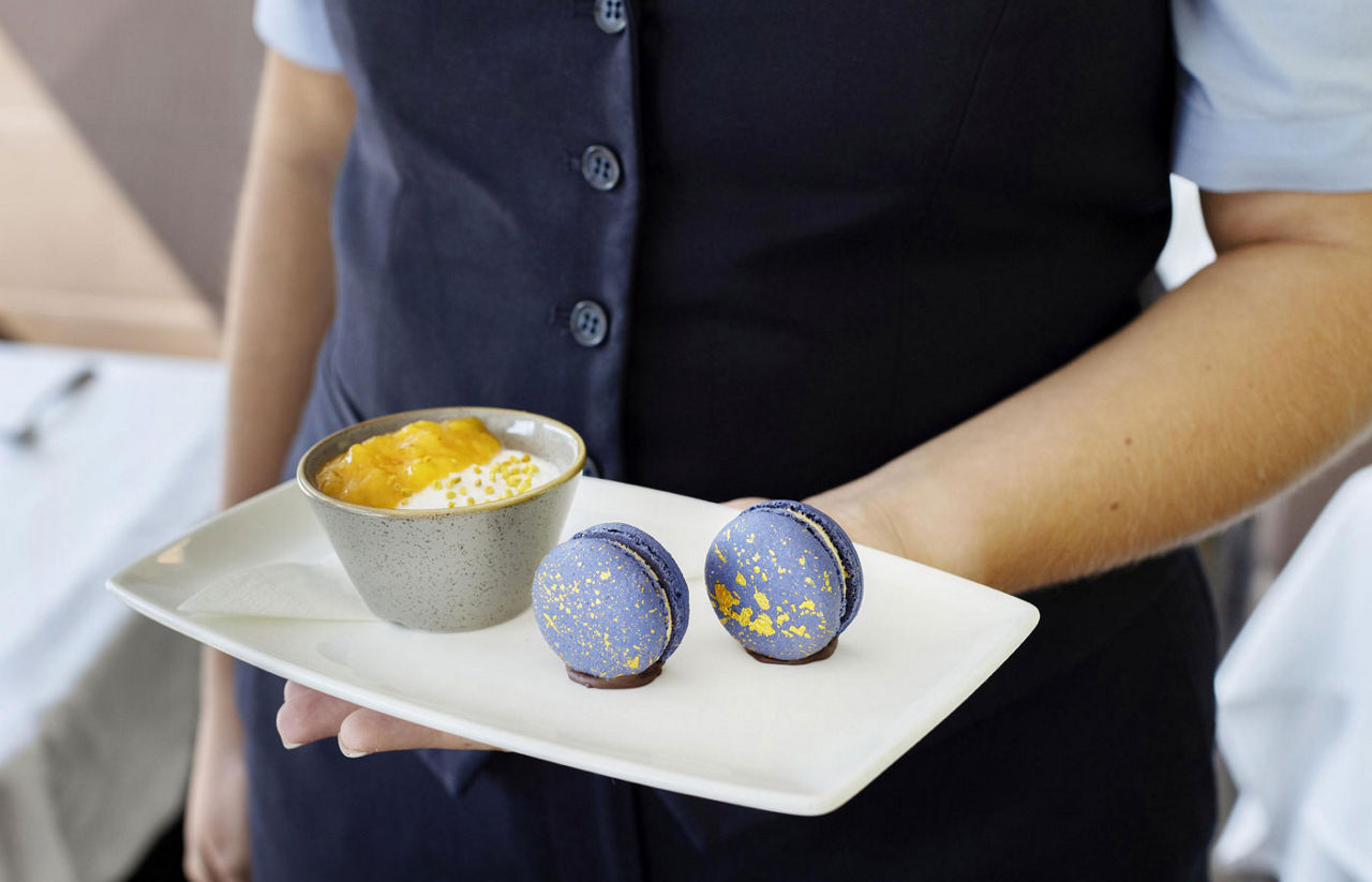 Lemon Lavender Posset dessert on Gold Leaf Rocky Mountaineer