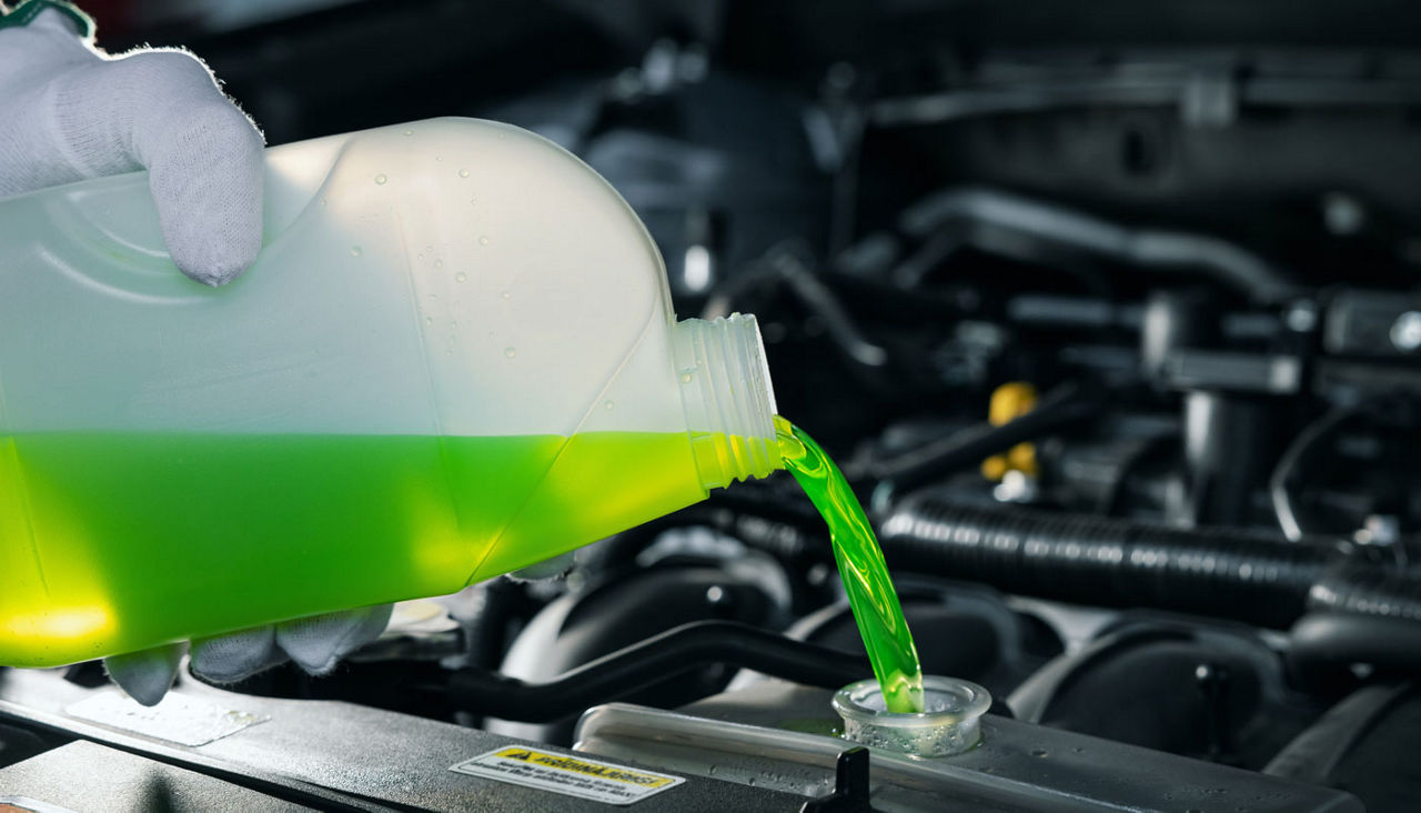 pouring antifreeze coolant liquid into car engine radiator