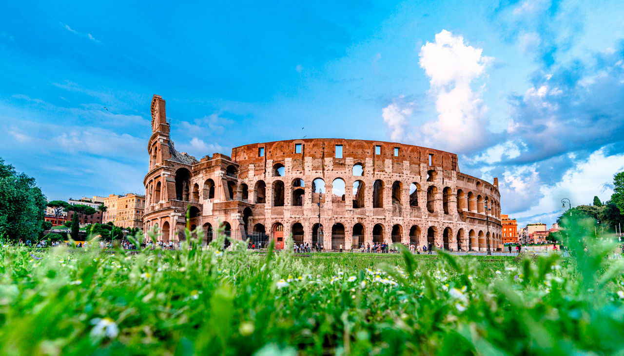 Flowering meadows at spring nearby the Coliseum