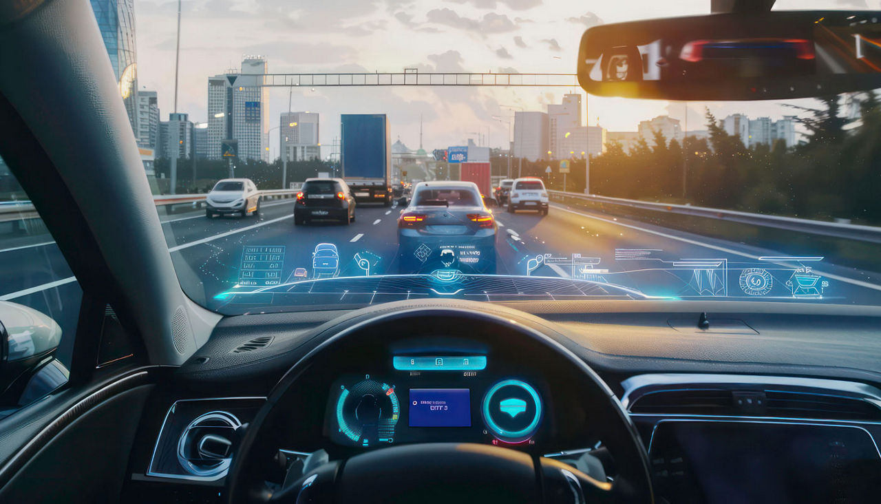 A driver's perspective of a self-driving car, showcasing its advanced features and technology while navigating through a busy city.